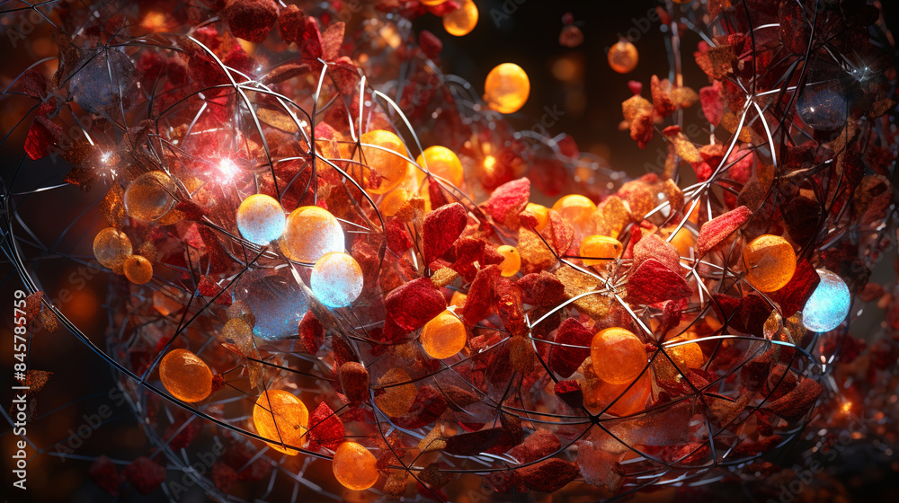 Poster abstract scientific concept with connected cells and particles. science microscopic background.