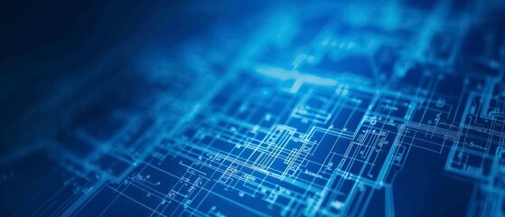 Radiant blueprints lines contrast against the dark backdrop, highlighting the diligence of construction workers