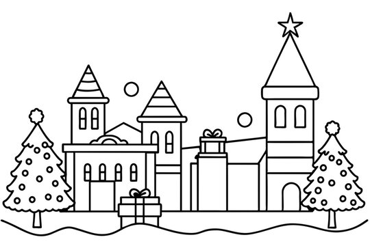 black and white christmas town scene clip art preview