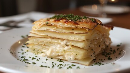 Layered thinly sliced potatoes with bechamel sauce and cheese baked to perfection