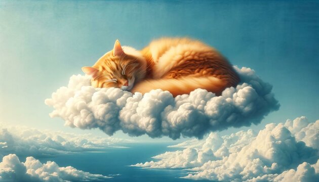 An orange cat is peacefully sleeping on a softly floating white cloud across the sky. Being on cloud nine or in seventh heaven.
