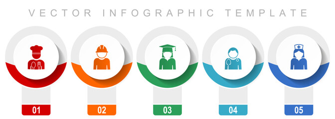 Human resources icon set, miscellaneous vector icons such as chef, worker, student, doctor and nurse, modern design infographic template, web buttons in 5 color options