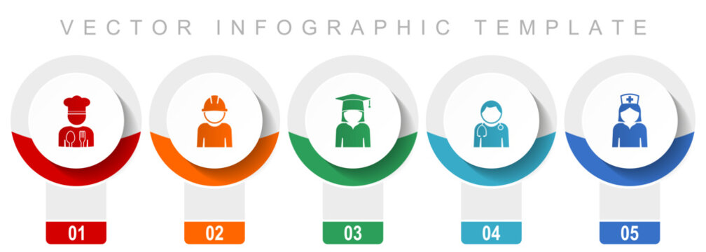 Human resources icon set, miscellaneous vector icons such as chef, worker, student, doctor and nurse, modern design infographic template, web buttons in 5 color options