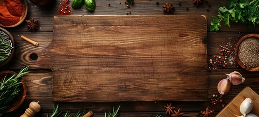 Cooking background with cutting board, spices, herbs and vegetables on a wooden kitchen table. Top view with copy space