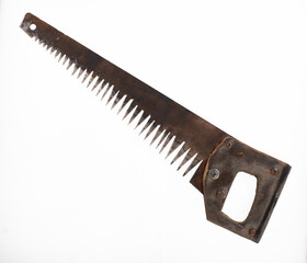 old rustic rusty saw isolated on white background