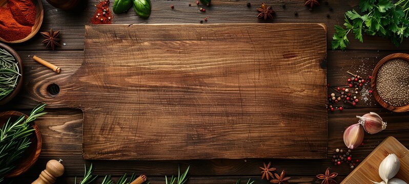 Cooking background with cutting board, spices, herbs and vegetables on a wooden kitchen table. Top view with copy space