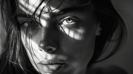 Fototapeta premium A woman with long hair and a black and white photo of her face