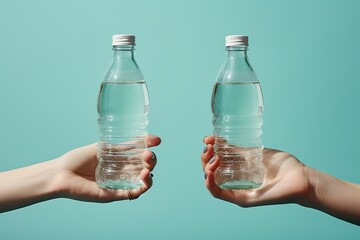 A hand holding a clear plastic bottle of water ,