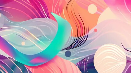 A vibrant abstract art piece featuring flowing, curved lines and circular patterns in shades of blue, pink, and orange. The design creates a sense of movement and fluidity
