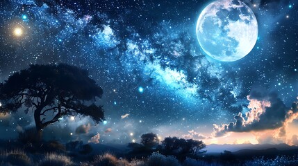 A dreamy starry night sky with twinkling constellations and a bright full moon, evoking a sense of wonder and awe