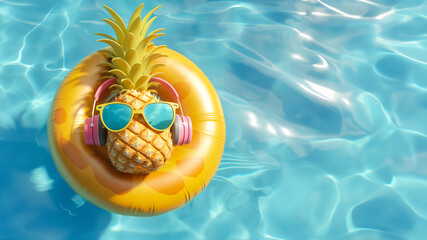 A playful 3D render of a pineapple wearing yellow sunglasses and pink headphones, lounging on an orange float in a pool with copy space