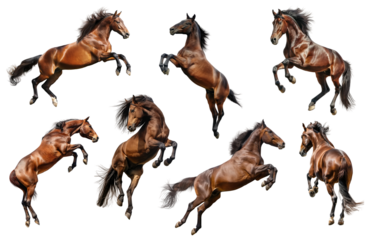 Set of different jumping and rearing brown horses, dynamic pose, isolated on white or transparent background, png clipart, design element.