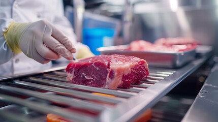 Lab-grown meat technology future food production in gloved hand places steak on conveyor belt to processed, sustainability efficiency safety