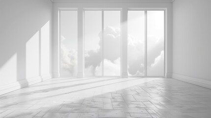 White interior empty room with large window, shadow design living home