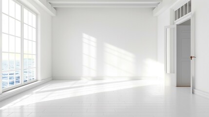 Obraz premium White interior spacious room with large windows door, bright light empty illuminated