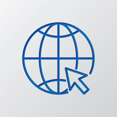 Internet world simple icon. Flat design. Paper cut design. Cutted blue symbol with shadow. Gray background