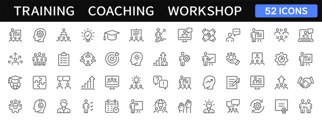 Training and Workshop thin line icons set. Coaching, education, seminar icon. Vector