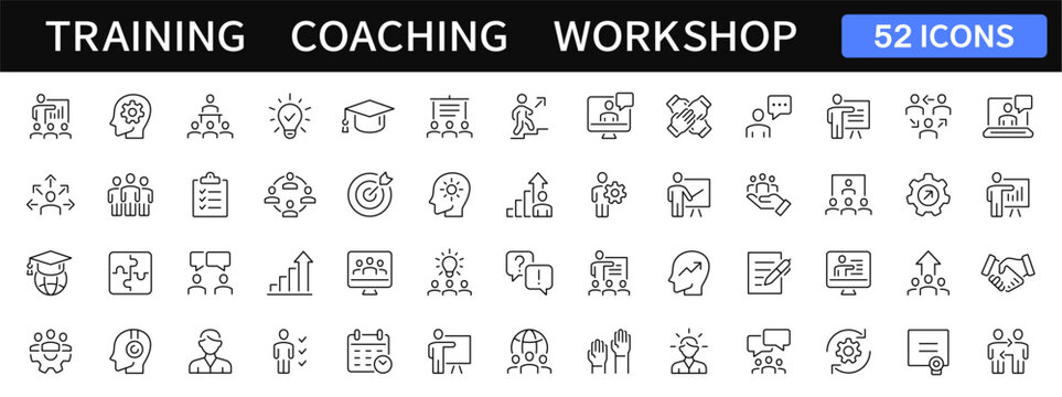 Training and Workshop thin line icons set. Coaching, education, seminar icon. Vector