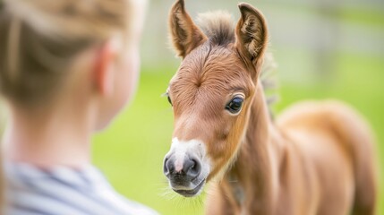 Fototapeta premium Close up of cute baby horse with young woman in a bright space, focusing on the little foal. Farm animal.