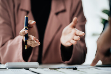 Close up of hands teamwork business group are meeting working calculate and brainstorming about...