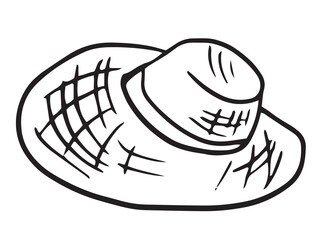 Straw garden hat outline illustration. Summer beach, gardener, farmer, vacation straw hat line hand drawn vector for poster, banner, instruction design. accessory for gardening, spring work, market