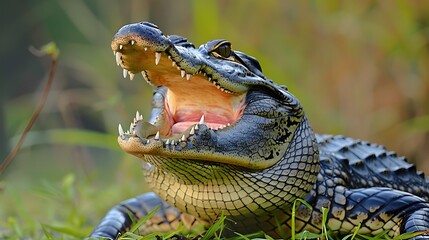 Obraz premium Alligator mississipiensis adult in defensive posture with open mouth
