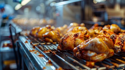 Production line in the food factory.Factory for the production of food from chickens. Industrial equipment at a chicken factory.Automated production line in modern food factory.many People working