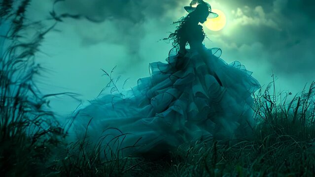 Silhouette of a witch against the backdrop of a huge full moon. The sky is filled with mystical light, a magical magical atmosphere.