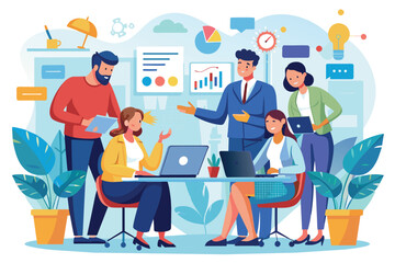 A team of diverse business professionals work together in an office setting, collaborating on a project strategy.