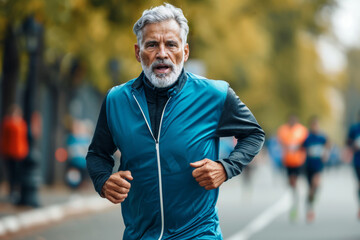 Obraz premium Mature Man Running in a Marathon with Determination