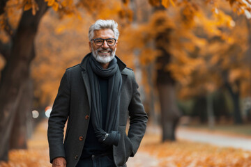 Obraz premium Mature Man Enjoying a Walk in the Park During Autumn