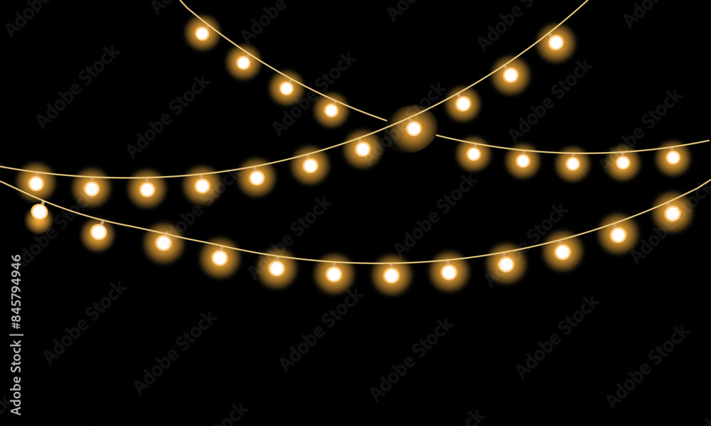 Wall mural christmas or garland festive hanging lights isolated on black background.