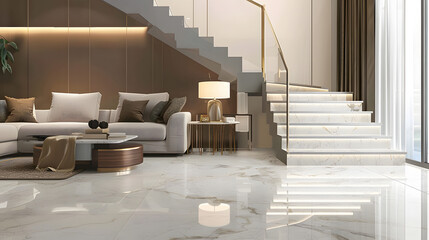 White marble floor tile in brown wall hall, luxury living room with beige corner sofa, side table, wooden stairway in sunlight from floor to ceiling sheer curtain for interior design background 3D