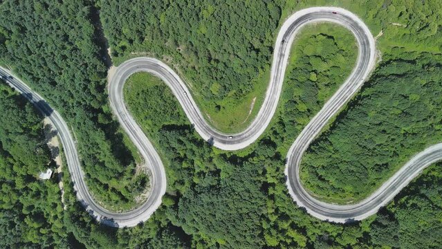 Aerial view of winding asphalt mountain road among green trees in summer.