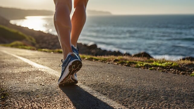 A close-up of a runner’s legs on a paved seaside path with the ocean in the background warm, early morning sun