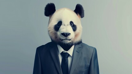 A panda wearing a suit and tie, blending animal features with human attire in a humorous and creative way.