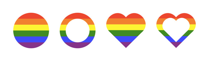 Pride flag. Rainbow gay frames set. Progress Logo symbols. LGBT circle icon. Stickers in rainbow colors. Round, heart badge, button. Template design. Graphic illustration.