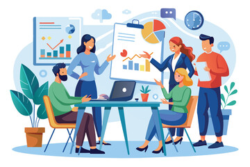 A team of four individuals is gathered around a table, analyzing data and charts. Two of the individuals are pointing at a large chart, while the other two are listening intently.