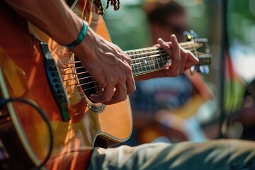 Fototapeta premium acoustic guitarist performing on mini festival stage live music concert photo
