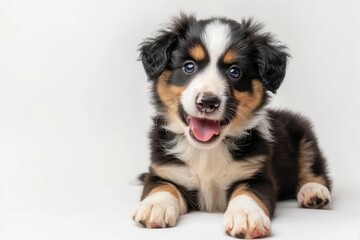 adorable australian shepherd puppy portrait white background tongue out enjoying friendship and fun animal photography