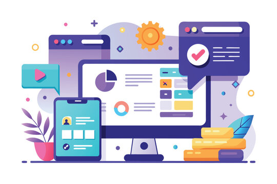 A colorful illustration depicting digital marketing analytics and optimization. A desktop computer displays graphs and data, while a mobile phone shows user engagement metrics.