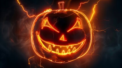 Halloween pumpkin jack o lantern smiley face illuminated neon lightning