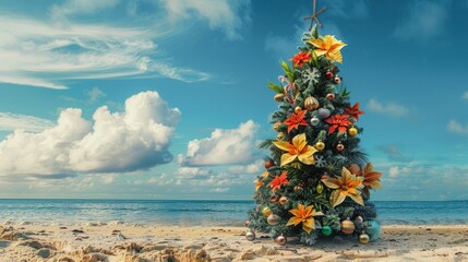 A tropical Christmas tree adorned with colorful ornaments and flowers stands on a sandy beach under a clear blue sky.