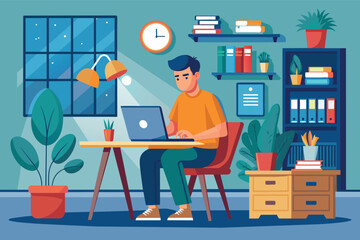 An illustration of a man working on a laptop at his home office desk with a night sky view out the window.