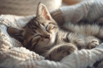 adorable sleeping kitten curled up in cozy bed capturing the essence of cute animal photography