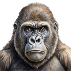 Obraz premium Realistic Gorilla Portrait Illustration with detailed facial features and expressive eyes, isolated on transparent background, png.