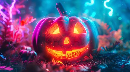 Halloween pumpkin jack o lantern smiley face illuminated neon lightning