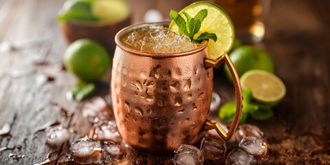 Copper mug filled with an icy cocktail, garnished with mint and lime, set on a rustic wood surface - Powered by Adobe