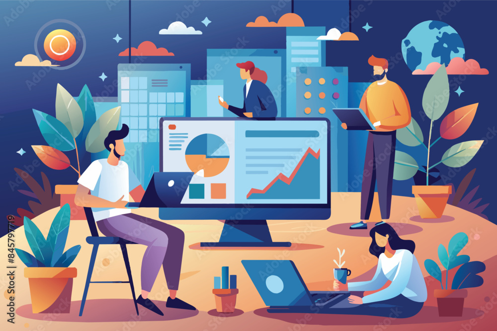 Poster a group of business professionals work together on data analysis in a modern office setting. they us
