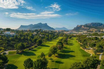 Naklejka premium aerial view of beautiful green golf course fairway in albir alicante spain on sunny day